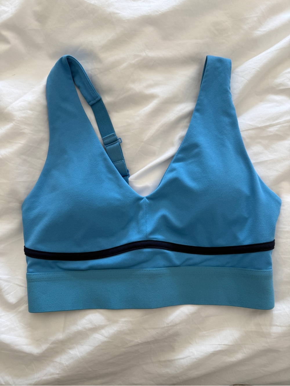 Fabletics  Blue V-Neck Sports Bra with Navy Trim